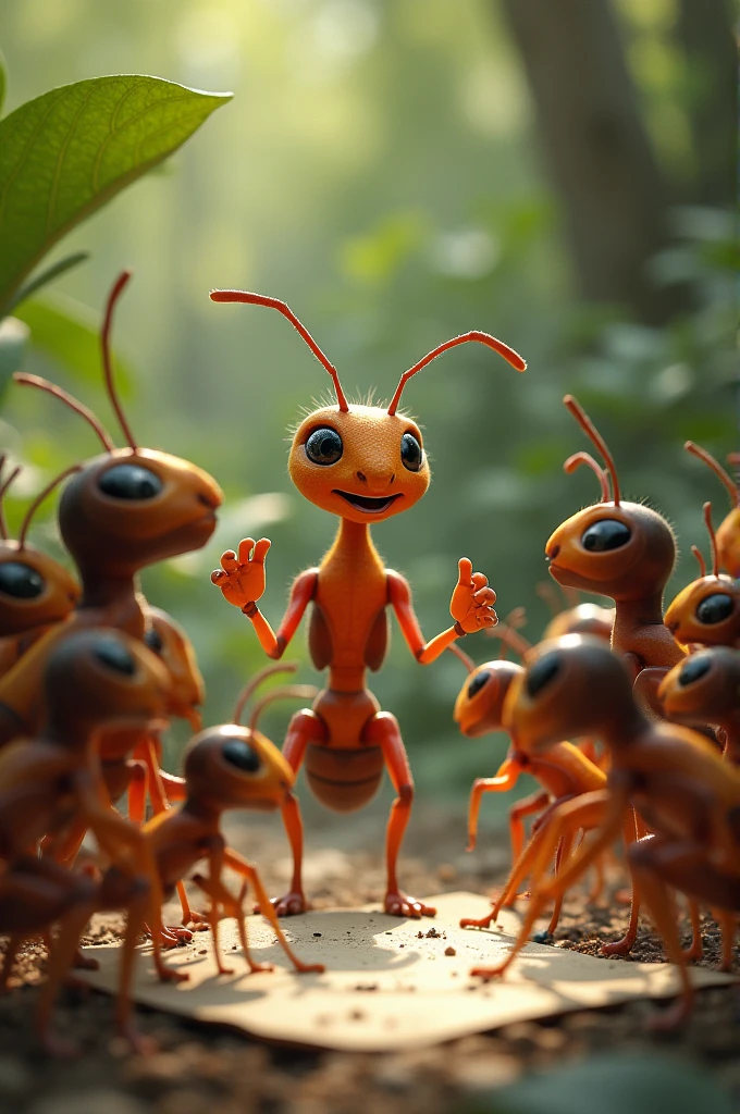Surrounded by a group of ants, all look busy and enthusiastic as they listen to his plan, gesturing their agreement.