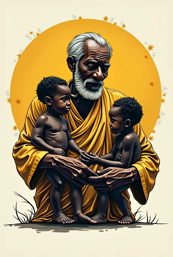 Create a logo showing africa in a round circle with 1 elder carrying a young  plus one following him while he holds her hand. Let yellow and black dominate as the colours 