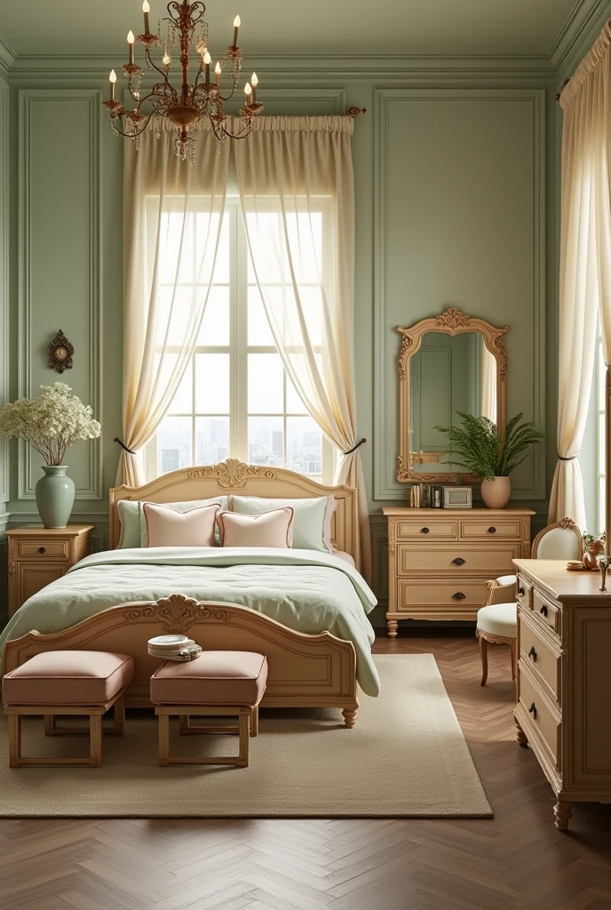 A bedroom set furniture with a vintage but clean look, wooden colour with green embellishments 
1 bed
2 side tables 
1 vanity 
2 coffee chairs
