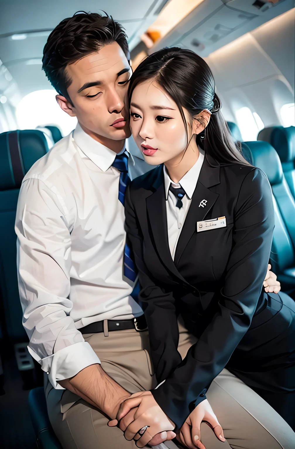 (in 8K、Raw photography、Highest Quality、realisitic、Photorealsitic、Professional Lighting、​masterpiece、extremely delicate and beautiful、Highly detailed、finely detail、ultra-detailliert、hight resolution、full-shot)、SFW、Detailed scenario of a very crowded cabin、(((On the plane)))、1girl in、1 Flight attendants、Beautiful female flight attendant(woman 1)ha、Wearing a flight attendant uniform、Beautiful face:1.5、Model body type、small tits、All passengers except one female are male.......:3、Young man in suit、(woman 1)Touching the body of、Young men(woman 1)hug from behind、Young men(woman 1)Touching the chest of、Young men(woman 1)Flip up the skirt of、Black panties are visible、NSFW、