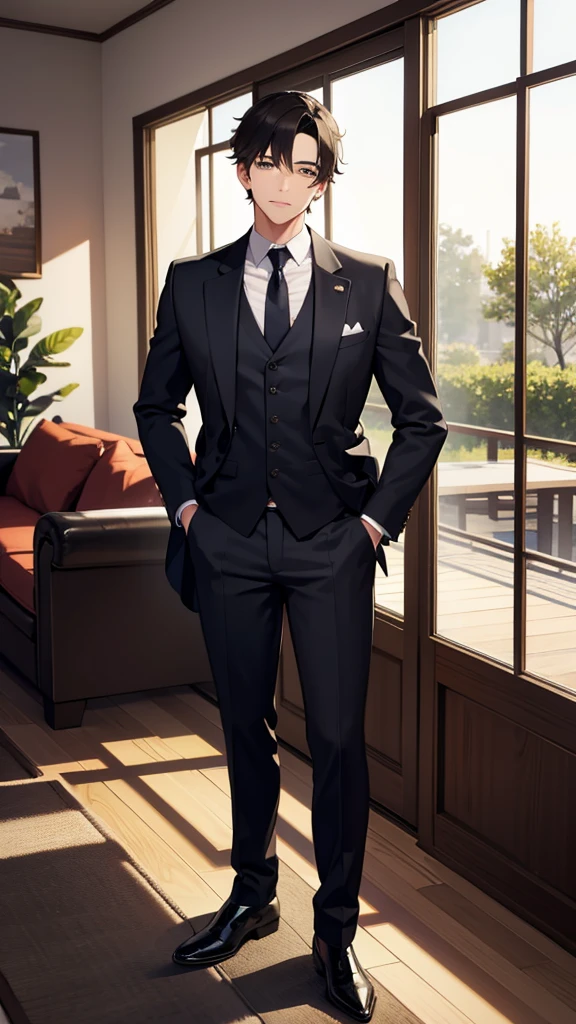 A handsome boy standing in a living room