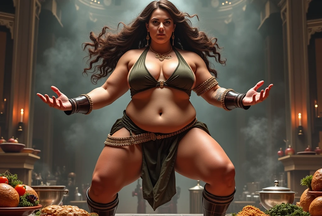 cooking battle,fat muscular woman Iron Chef: Quest for an Iron Legend,the back ground is in a fancy restaurant, surrounded by food, food everywhere, table full of food in foreground,kitchen stadium