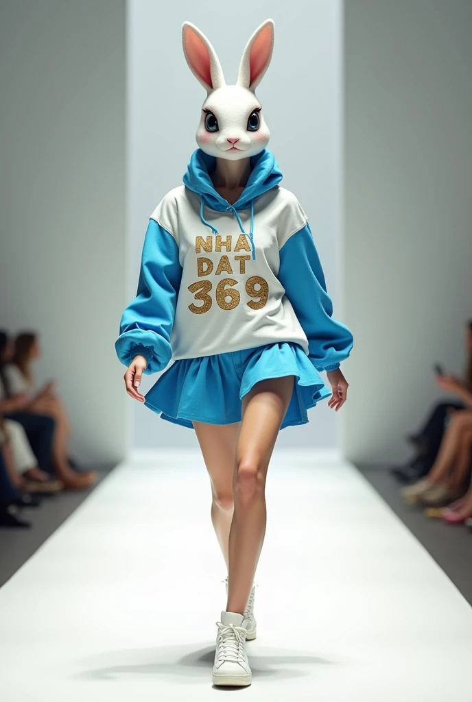 Tạo cho tôi hình ảnh một phụ nữ có khuôn mặt của 1 chú thỏ đang catwalk trong trang phục trẻ trung màu xanh dương kết hợp màu trắng và vàng, trên trang phục có dòng chữ Nha Dat 369, ảnh toàn thân