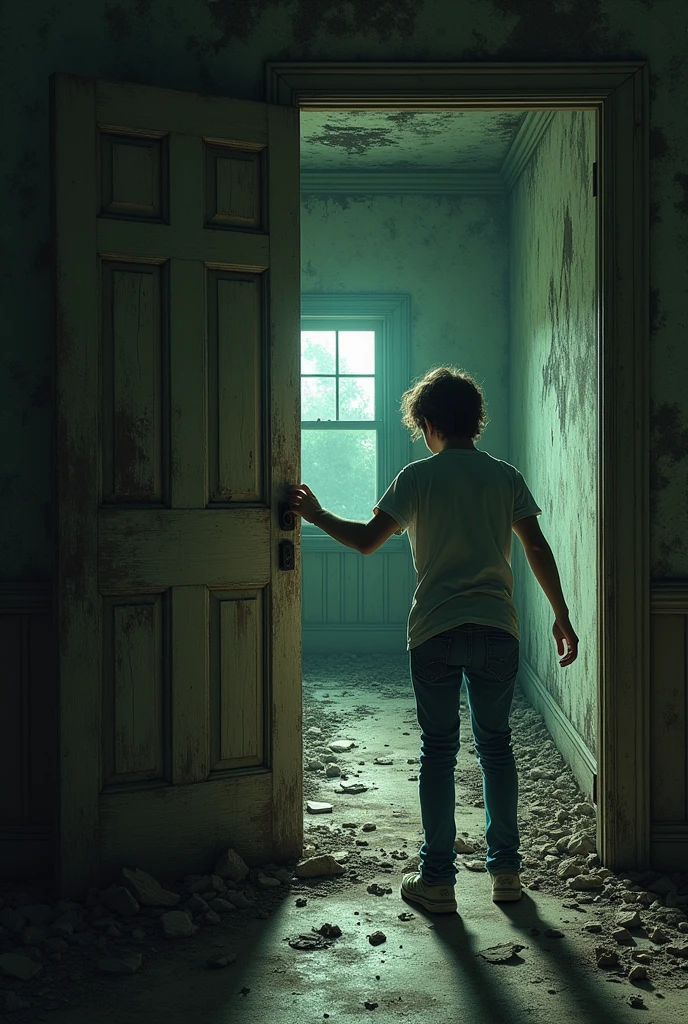 Make a house, a view from inside this house, where a person knocks on the door asking for help, the house is full of mold and the person cannot get out and the house is abandoned.