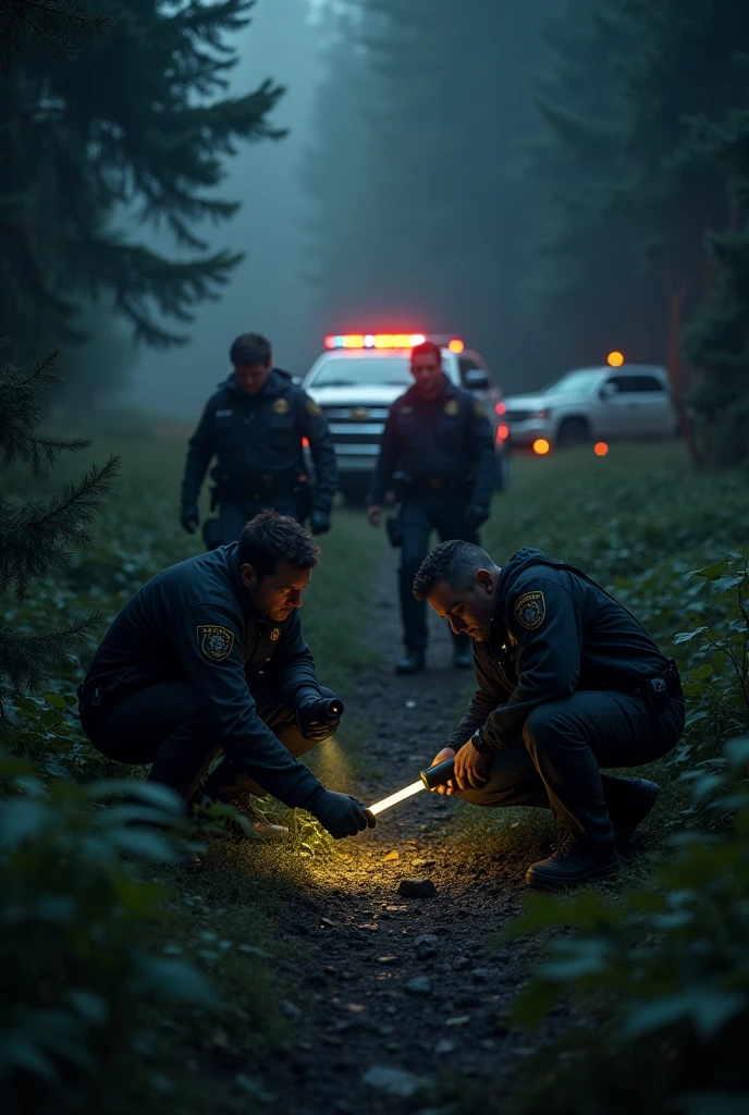 A tense scene showing an FBI search operation in progress. Several FBI agents are actively searching a dense forest area at dusk, using flashlights and searching through bushes and undergrowth. Some agents are examining clues on the ground, while others are scanning the area with binoculars. In the background, a few FBI vehicles with their lights flashing are parked nearby. Despite the intense search, there are no signs of DC Cooper. The atmosphere is one of urgency and determination as the search continues with no leads."