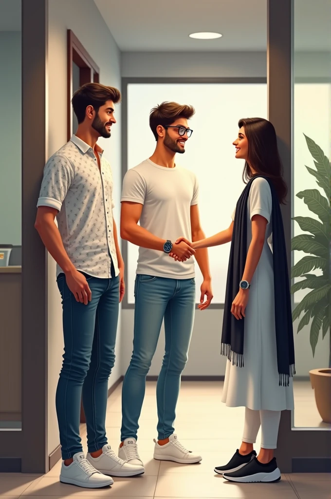 Two young men are waiting for their girlfriends in the reception area of the office. One young man is wearing a white printed shirt, jeans, white shoes and smart watch and the other one is wearing a white full sleeve T-shirt, jeans, glasses and black sneakers. His girlfriend comes there wearing a white Indian suit, black pallu, white shoes and specs. Then she shakes hands with both the boys.