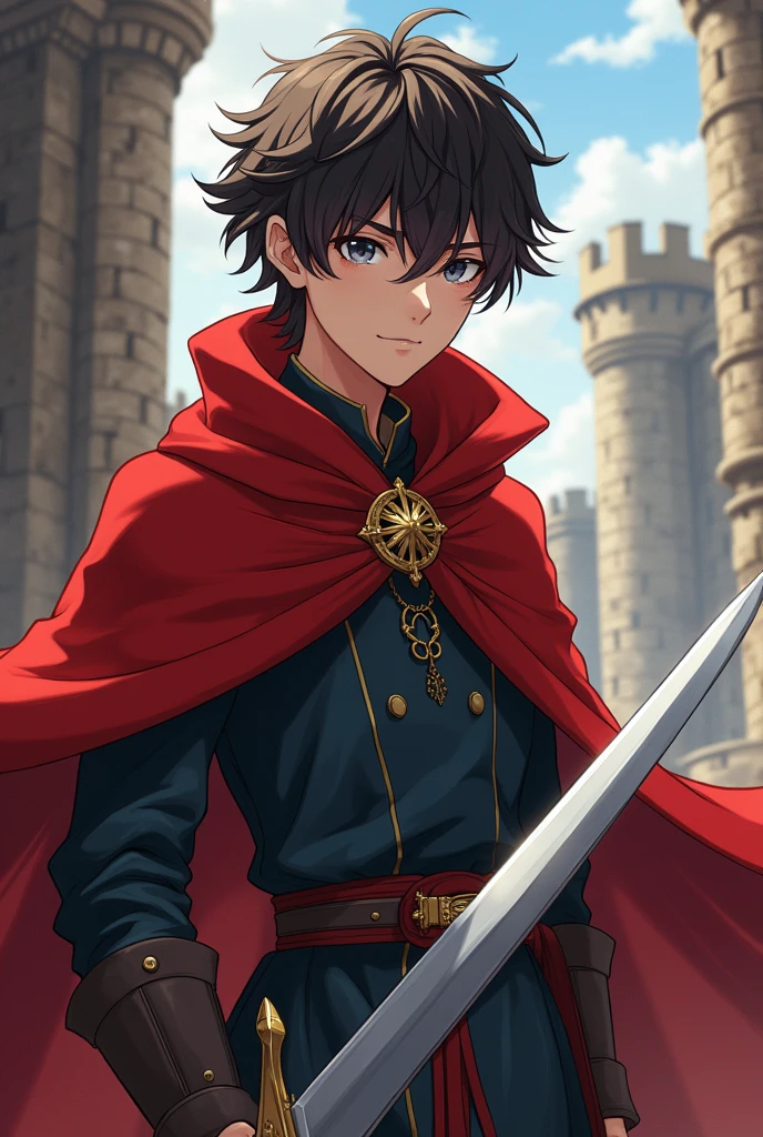 Create a Medieval Male age Anime Character, he has a red cape and a sword, his hair is dark brown and long, and his eyes are gray and his chin is square