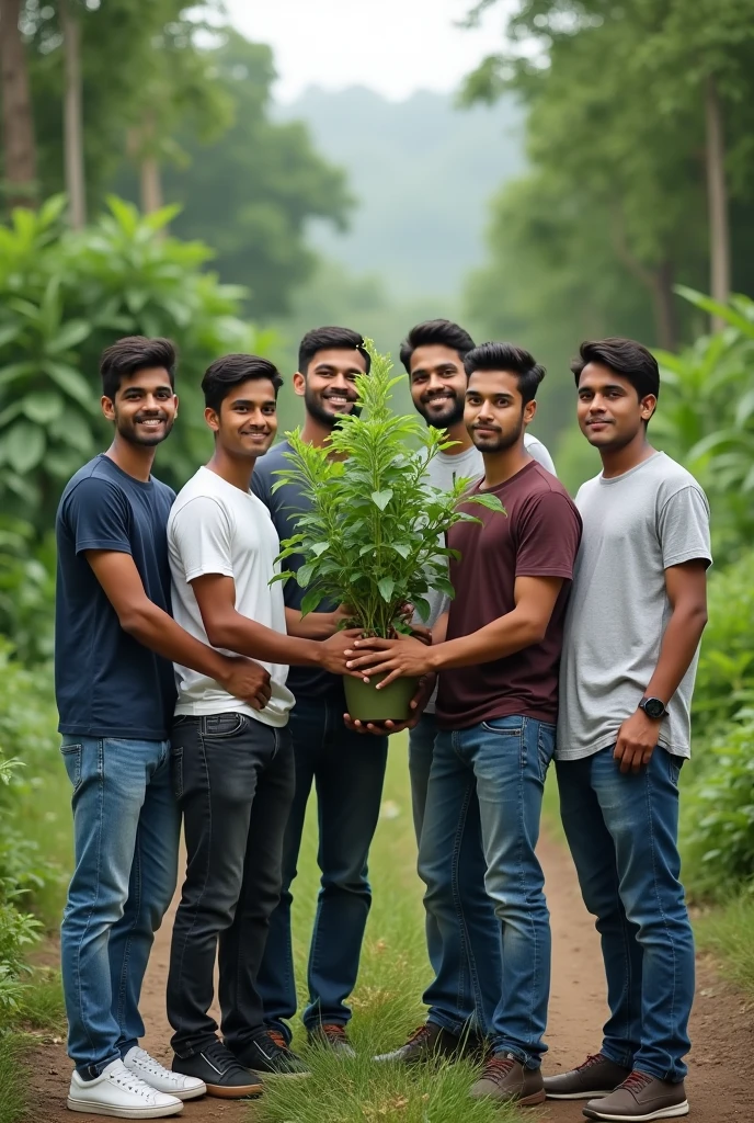 Group of 6 members boys holding the Tulsi plant photo in realistic manner of degree boys 