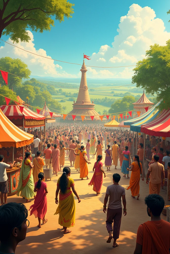 Generate a image of dasara, which the ppl are gathered in the fields of the village, children are enjoying the rides, no.of food counter are there in the fields, women are purchasing bangles and men are talking together playing the dasara games