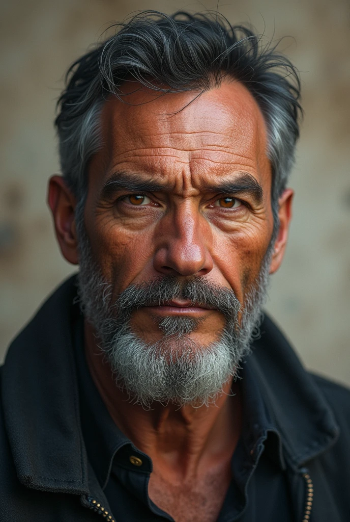 Robust adult man of 60 years, White skin, eyes the color of honey, short black hair and some gray,