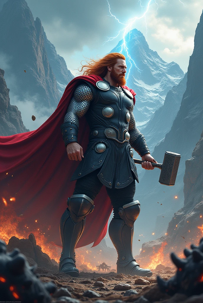 A man from norse mythology named thor with red hair and red beard with a hammer in his hand, thunder cracking and mountain at the background, fight giant creatures with fierce