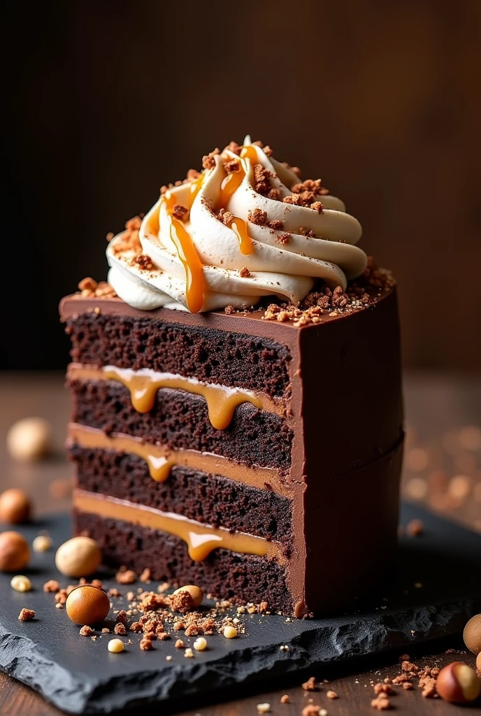 {Chocolate Hazelnut Mocha Cake} -- A rich, multi-layered chocolate cake infused with mocha and hazelnut flavors, inspired by a decadent mocha latte. The cake is coated in a velvety chocolate ganache, with layers of hazelnut praline adding a delightful crunch. The top of the cake is crowned with a generous swirl of whipped cream, drizzled with caramel sauce, and sprinkled with chocolate shavings and hazelnuts. The cake sits on a dark, rustic slate board, surrounded by pieces of chocolate and caramel, creating a luxurious and indulgent visual experience. The warm, low-key lighting highlights the rich textures and deep tones, perfect for a cozy, indulgent dessert. -- {photorealistic}, {high-resolution}, {dark and rich tones}, {luxurious cake photography}, {warm lighting}, {Instagram aesthetic}, {gourmet dessert experience}, {chocolate and hazelnut indulgence}
