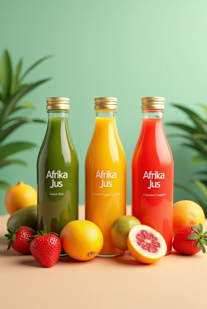 Generate me a 3d image of three bottles of juice of different colors and some fruits placed at the foot of the bottles, with the name Afrika Jus written on the bottles.