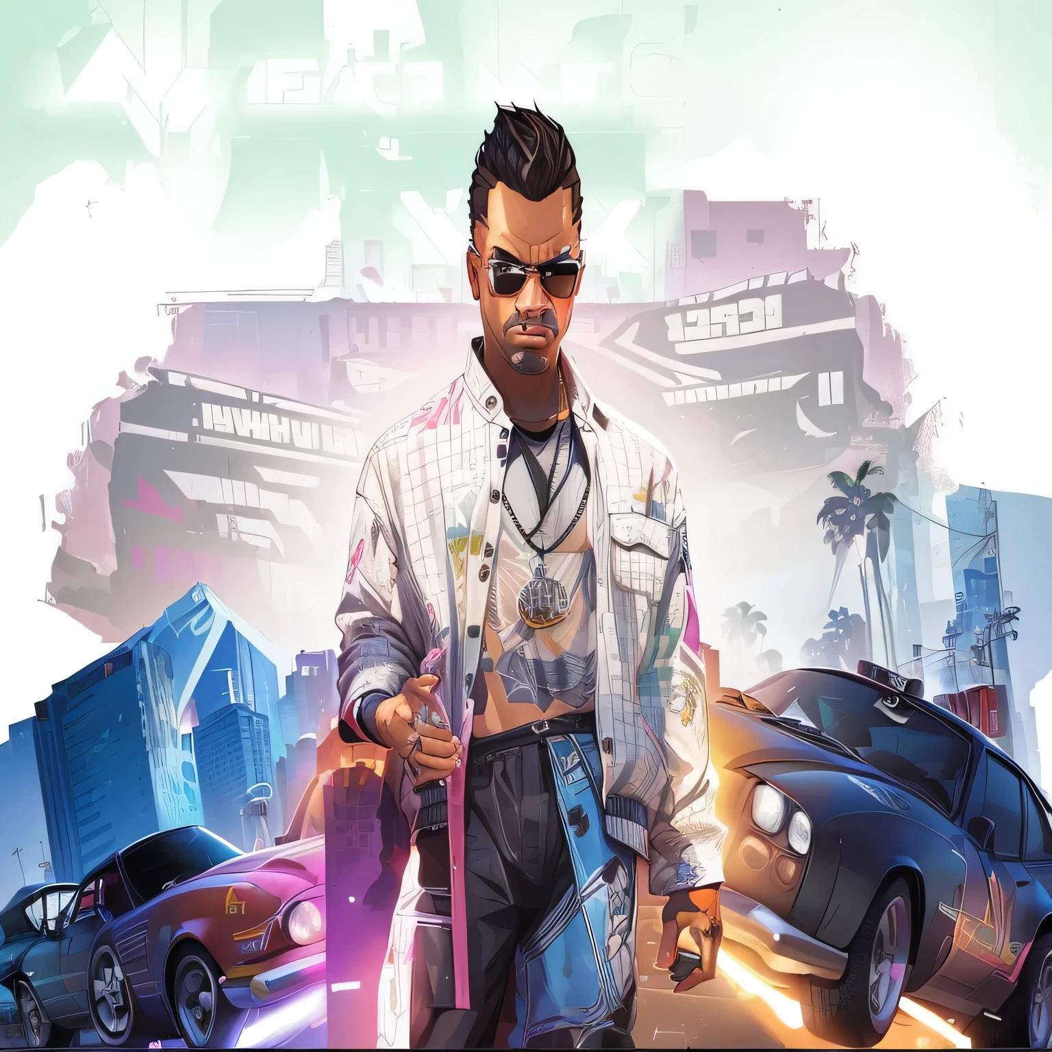there is a man standing in front of a bunch of cars, style of gta v artworks, gta loading screen art, 2 d game art gta cover, 2d game art gta cover, gta vice city style art, gta artstyle, 2d game art gta5 cover, gta art, gta v loading screen art, background artwork, gta vice city art style