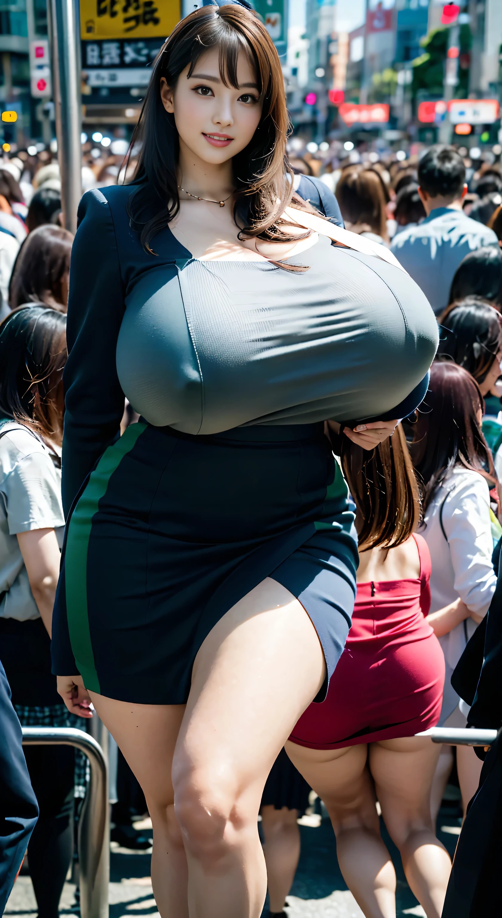 (Highest quality, masterpiece, Photorealistic, Very detailed, Ultra-high resolution, to be born:1.3), (Three people:1.3), beautiful, Japanese, mature, 2, Office workers, (Close bonds, Short skirt), ({money| Silver| wine-red| navy| pink| Yellow green| violet| Sky blue} Clothes), (smile), (bangs), high waist, necklace, (Tokyo, Outdoor, Shibuya Station), (Long legs, High heels, whole body:1.2), (Very huge bigger than a face:1.99), (Big Ass)、 ((They are famous glamour models with perfect bodies and glamour.)), ((crowd:1.75))、Sexy Underwear:1.5