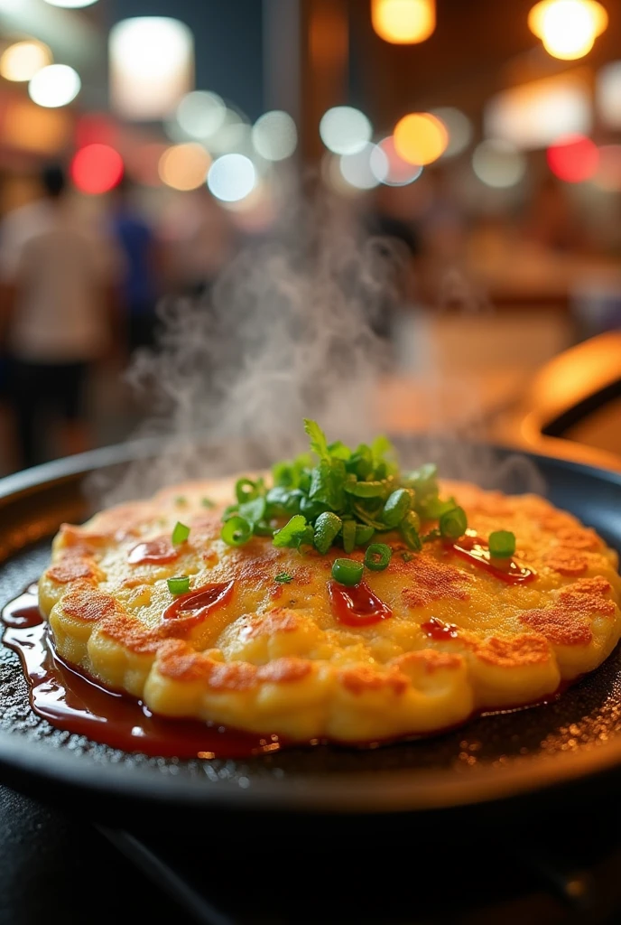 Close-up of Taiwanese night market classic: oyster omelette. Golden crispy egg batter studded with plump, fresh oysters. Sprinkled with vibrant green vegetables. Drizzled with special sauce, colors popping. Sizzling on hot iron plate, steam rising. Blurred night market stall lights in background. Rich, appetite-inducing colors throughout. 45-degree top-down view emphasizing texture and layers.
