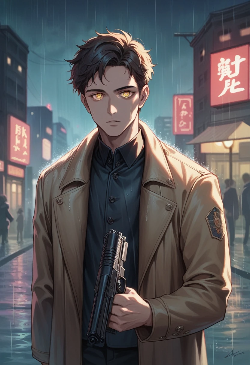 masterpiece, best quality, 1 boy, night city, rain, coat, detailed face, detailed eyes, beauty eyes, looking at viewer, gun in hand