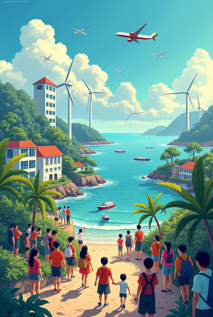 Poster Making about the theme "Youth Digital Pathways for Sustainable Develoment" including youths, social media icon, buildings icon, wifi and technology, wind mill, airplanes, sea with ships with a label of "Welcome to Brgy. Wawa"