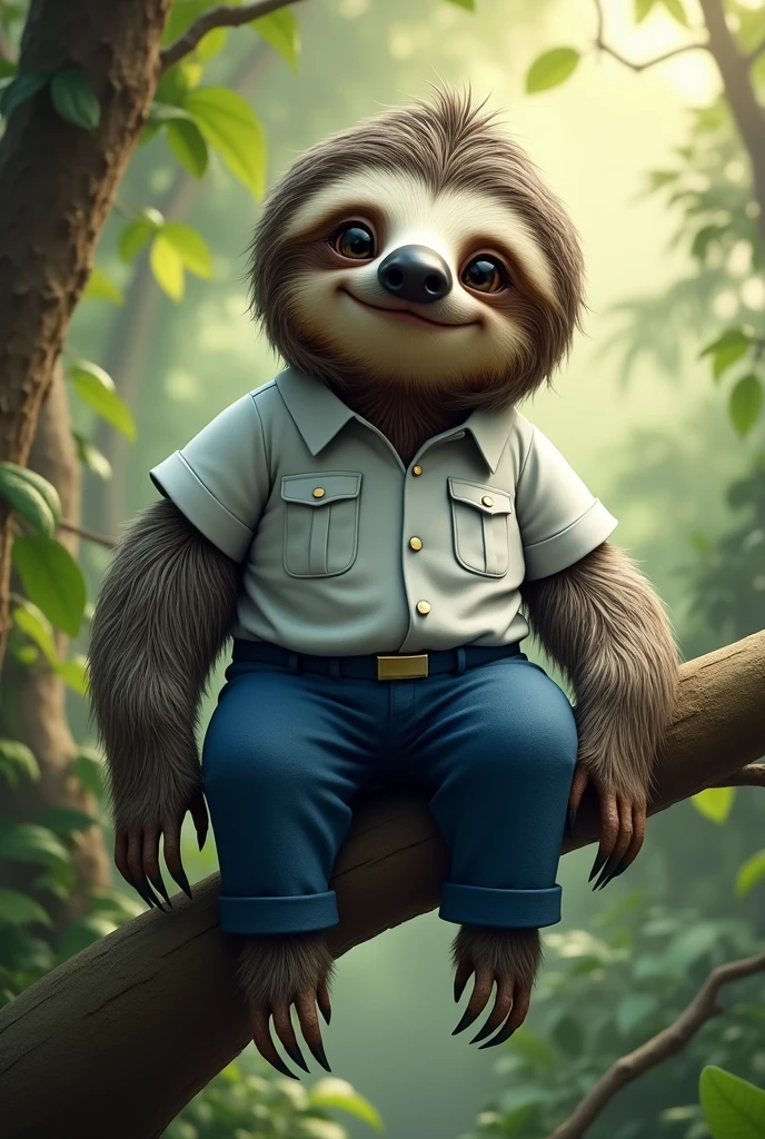 Create a sloth with a uniform that has blue pants and a white shirt.