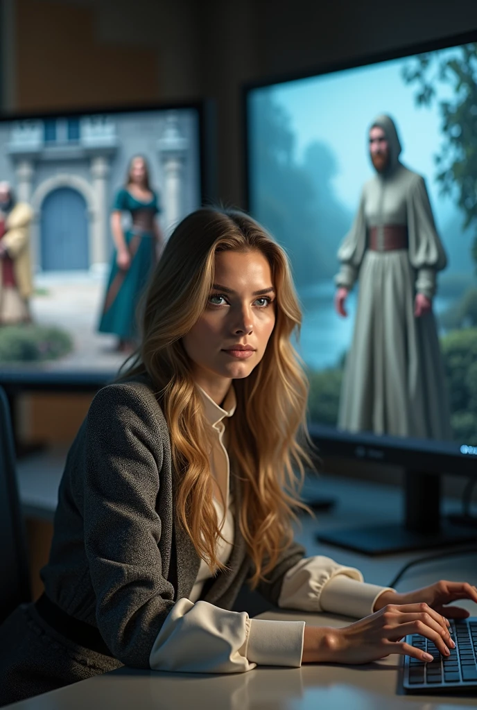 a young, beautiful and smart European woman of about 35 is sitting at her workplace. she has a confident and concentrated expression on her face. She is surrounded by modern technology. She tries on the virtual dress of a medieval queen. On one of the monitors is a picture of life in the Middle Ages. the scene represents the rapid development of new technologies and the ability to move into another world of virtual reality