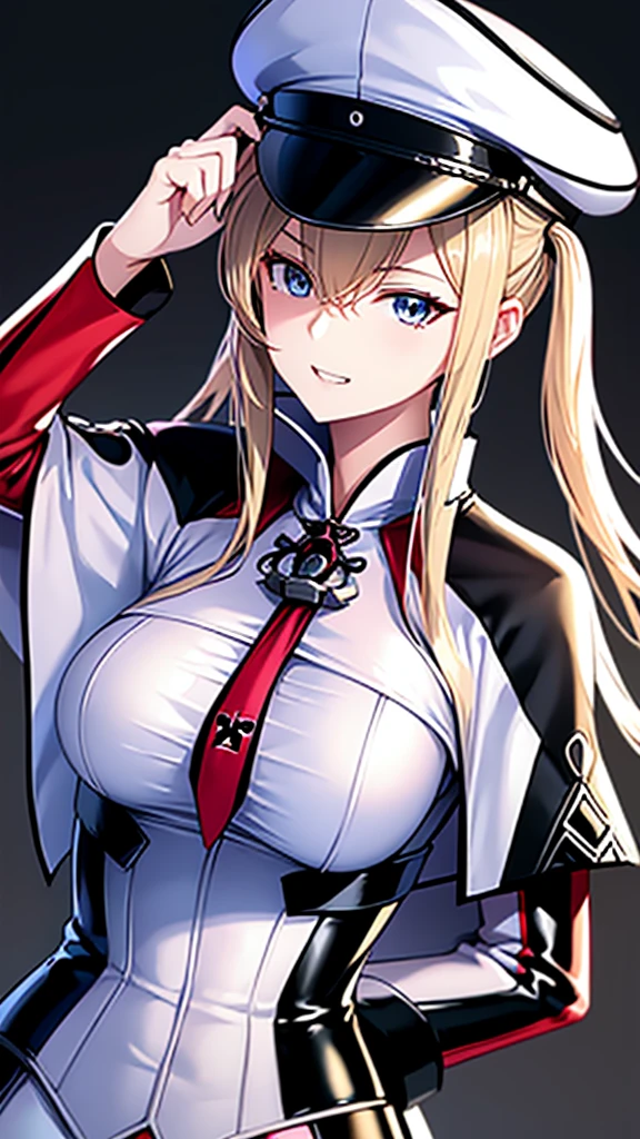 tall、 Kantai Collection　Graf、adult、Married Woman、Shiny latex police uniform、Officer hat、邪evilな警官、Pink and black background,  evil, lure, excited, A condescending grin, Lightly open your mouth、Sexy pose, Upper Body,