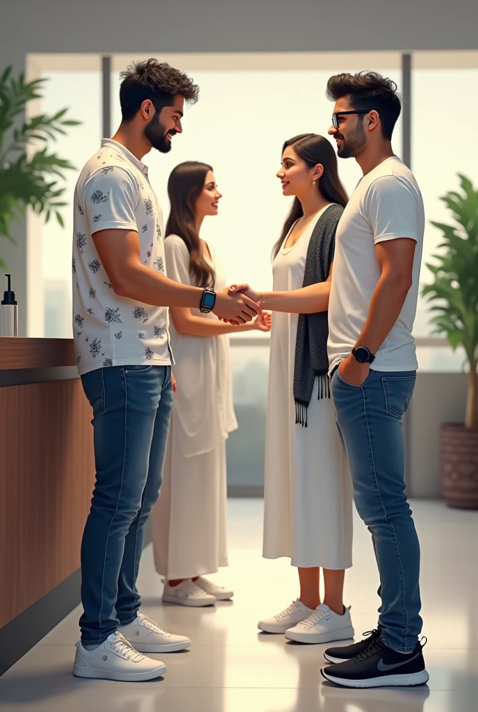 Two young men are waiting for their girlfriends in the reception area of the office. One young man is wearing a white printed shirt, jeans, white shoes and smart watch and the other one is wearing a white full sleeve T-shirt, jeans, glasses and black sneakers. His girlfriend comes there wearing a white Indian suit, black pallu, white shoes and specs. Then she shakes hands with both the boys.
