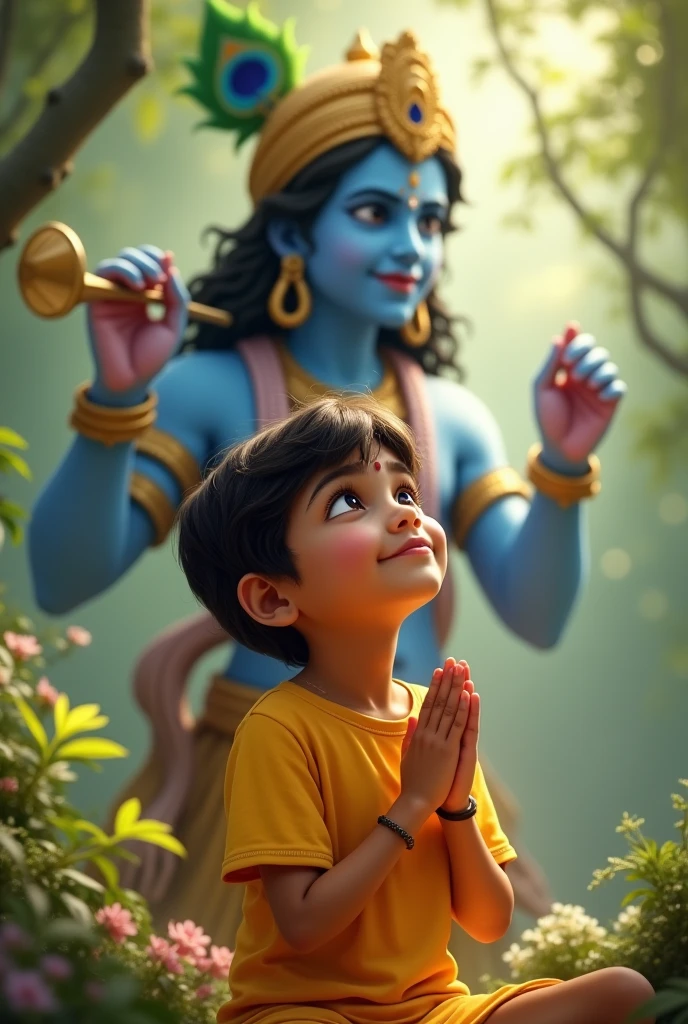 Pic of one boy written Aaditya in his yellow tshirt worshipping lord krishn
Written Aaditya in his tshirt