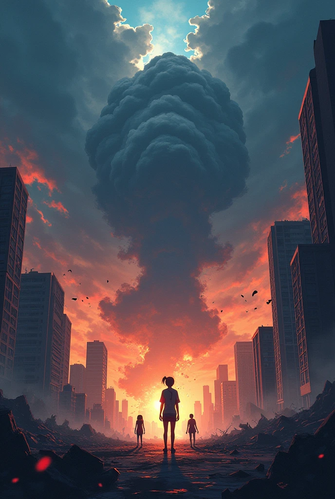 Striking emotionally charged award winning photo, a scene depicting a hungry, malnourished child seen from the back, standing in a devastated urban environment. The child holds an empty plate, pleading for food. On either side of the child, heavily armed soldiers and tanks rush past. In the distance, a massive fiery mushroom cloud from a nuclear explosion is visible casting a haunting shadow over the destroyed cityscape. Warplanes in the sky can be seen fleeing the scene, emphasizing the chaos and devastation.