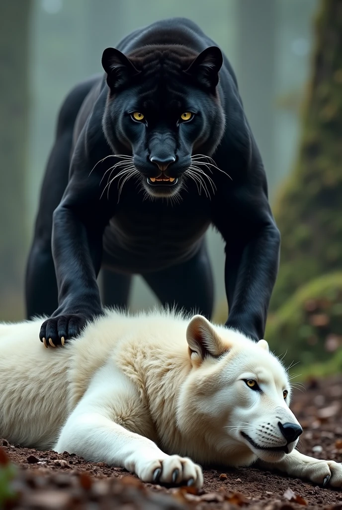 Black panther defeated the Wolf and wolf on the floor which is dead and the image will be 4k resolution and like a realistic and the wolf colour is white and fluffy hair