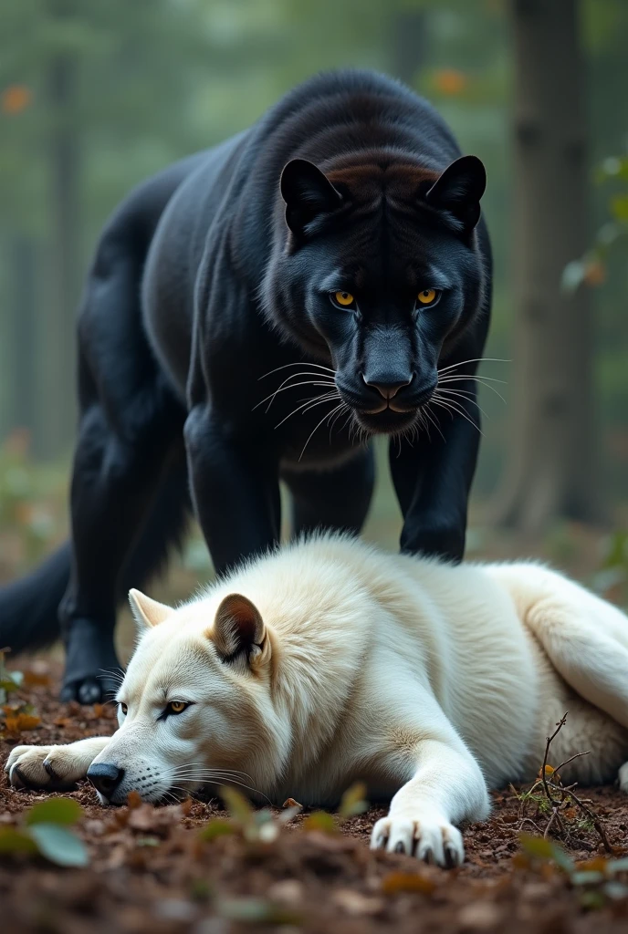 Black panther defeated the Wolf and wolf on the floor which is dead and the image will be 4k resolution and like a realistic and the wolf colour is white and fluffy hair