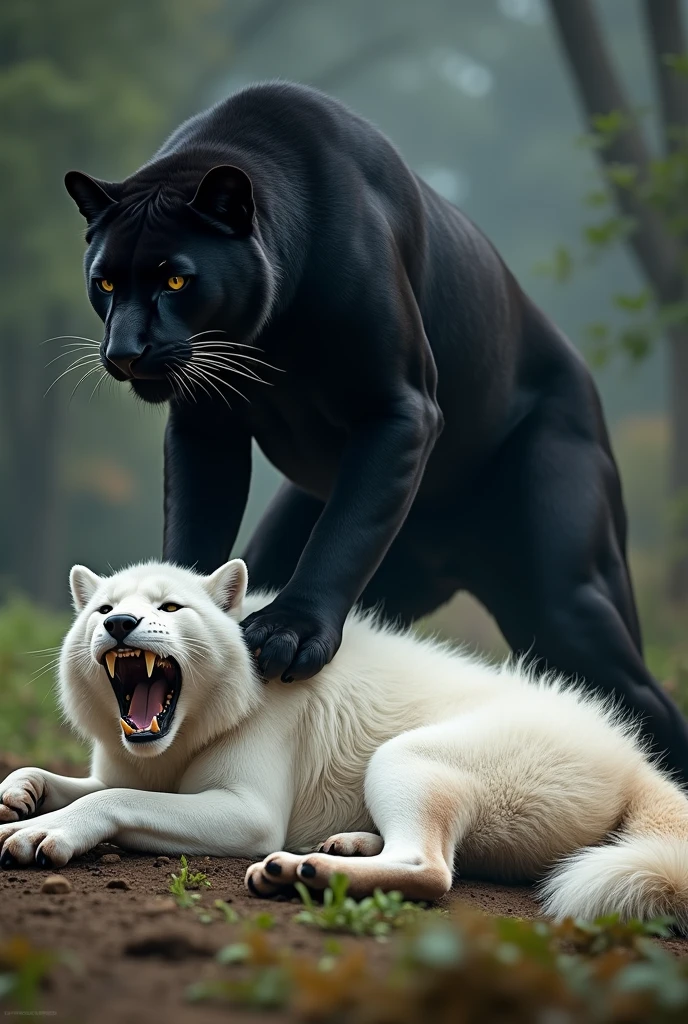 Black panther defeated the Wolf and wolf on the floor which is dead and the image will be 4k resolution and like a realistic and the wolf colour is white and fluffy hair 