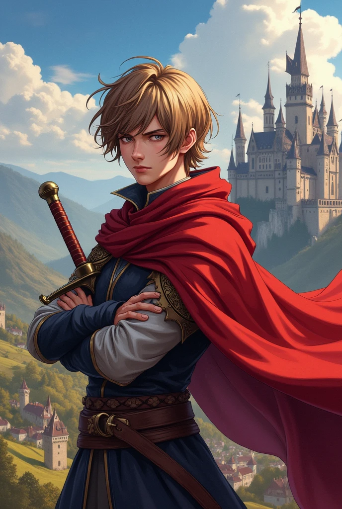 Create a Medieval Male Teenage Anime Character, he has a red cape and a sword, his hair is light brown and long, and his eyes are gray and his chin is very square.