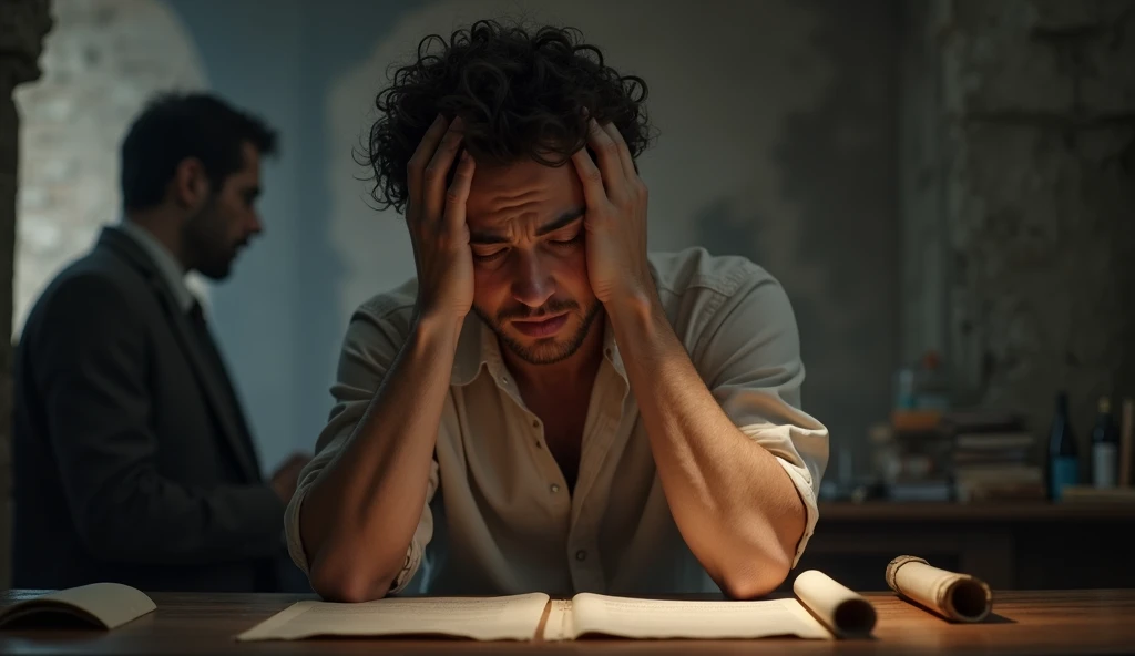 A close-up shot of a frustrated office worker sitting at a desk, head in hands, in a Roman study room, surrounded by ancient scrolls and parchment, showing a rejected promotion on the ancient scrolls on the stone table. The scene is set in a dimly lit. The worker’s expression reflects disappointment and frustration. Behind him, a shadowy figure represents his thoughts of blame towards his boss. Shot with a Canon EOS R5, Sigma 50mm f/1.4 DG HSM Art Lens, with an 85mm lens. Rendered in 8K resolution, cinematic detail, Octane render, capturing the tension of the moment.