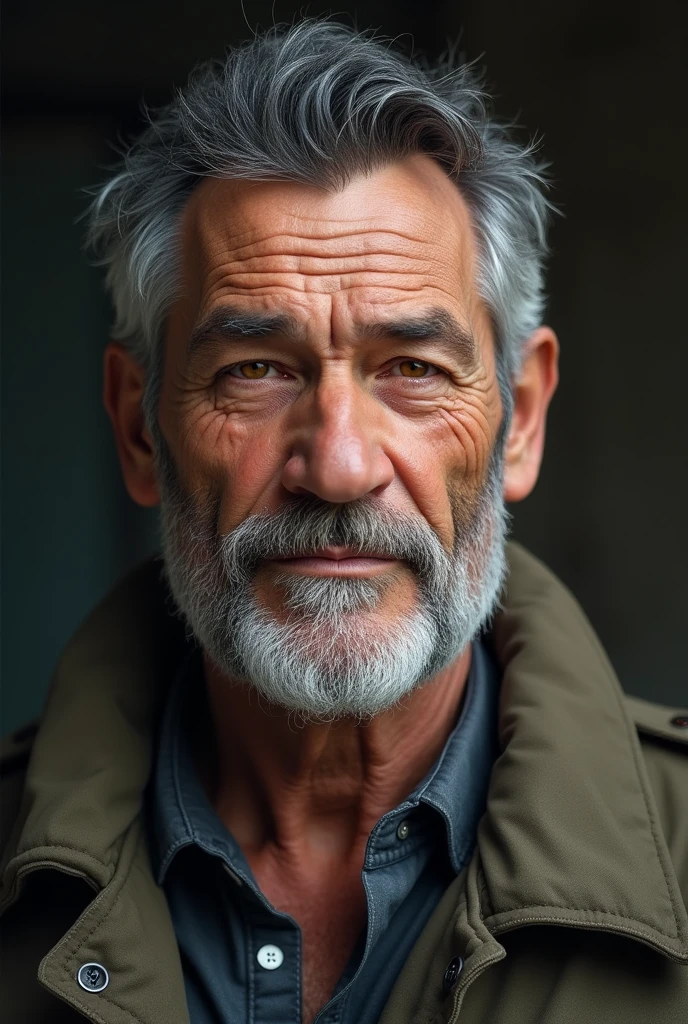 Robust adult man of 60 years, White skin, eyes the color of honey, short black hair and some gray, Without beard