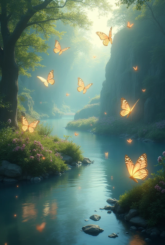 Beautiful energy art that gives power to those who see it。Landscape images。butterflies dancing on the riverside。Fantasy。Dreamy。Fantasy。