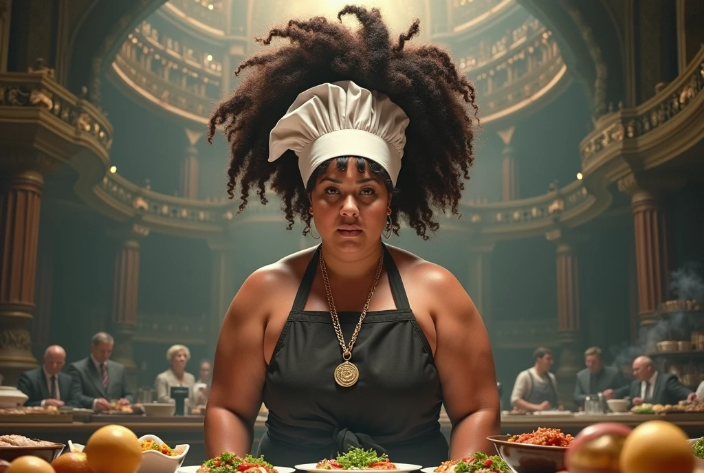 cooking battle,fat muscular woman Iron Chef: Quest for an Iron Legend,the back ground is in a fancy restaurant, surrounded by food, food everywhere, table full of food in foreground,kitchen stadium