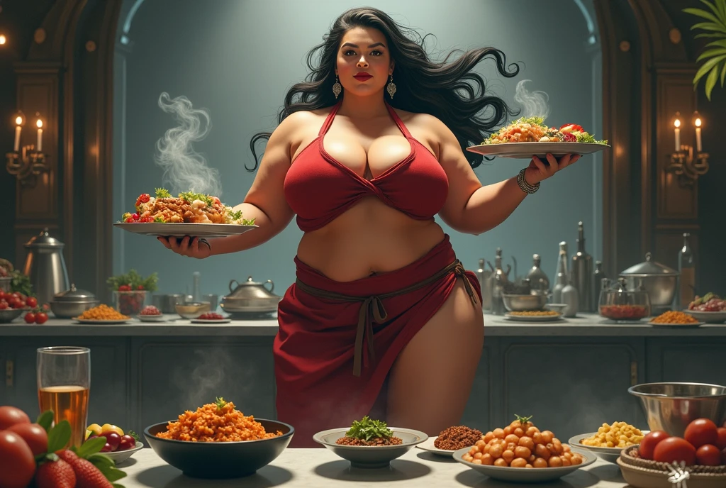 cooking battle,fat muscular woman Iron Chef: Quest for an Iron Legend,the back ground is in a fancy restaurant, surrounded by food, food everywhere, table full of food in foreground,kitchen stadium