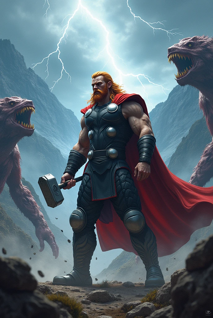 A man from norse mythology named thor with red hair and red beard with a hammer in his hand, thunder cracking and mountain at the background, fight giant creatures with fierce