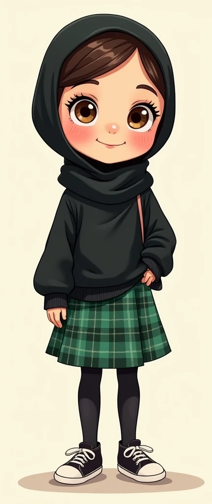 Cartoon with text:
(Masterpiece, best quality, 4k, expressive eyes, perfect face), cute and adorable girl, little cartoon girl, (beautiful face, detailed eyes), wearing black hijab, (flat style,, hand drawn style, 2d style, Cartoon artstyle, toon style), (tight black turtleneck sweater, green plaid skirt, black pantyhose, long sneakers, (full body view, funny pose)