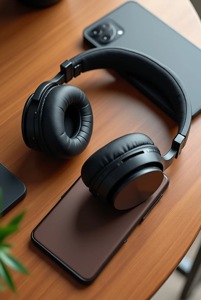 Headphones and a cellphone on a brown table seen from above. ultrarealistic hd