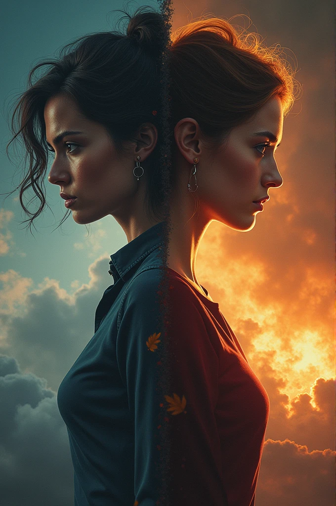 Create an image depicting the dual nature of a woman. On one side, show a strong, fierce woman with a determined expression, embodying anger and power. On the other side, depict a gentle, compassionate woman extending a helping hand, symbolizing kindness and support. The background should subtly transition between dark, stormy clouds on the fierce side and a warm, glowing light on the compassionate side, representing the balance of these two powerful aspects.