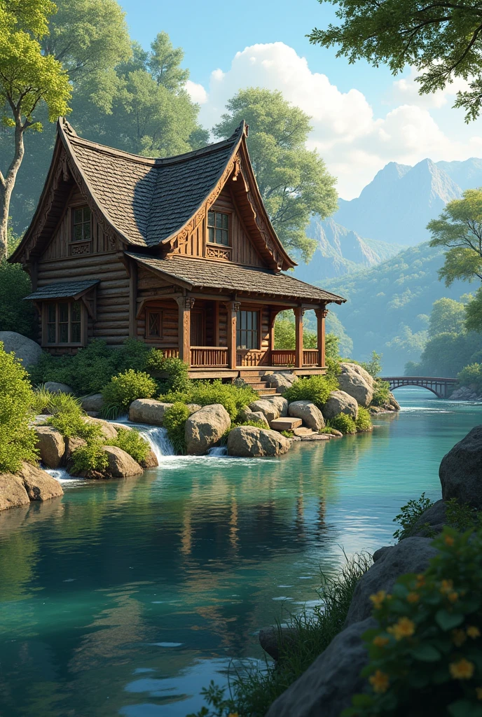 A realistic wooden house near the river with realistic graphics 
