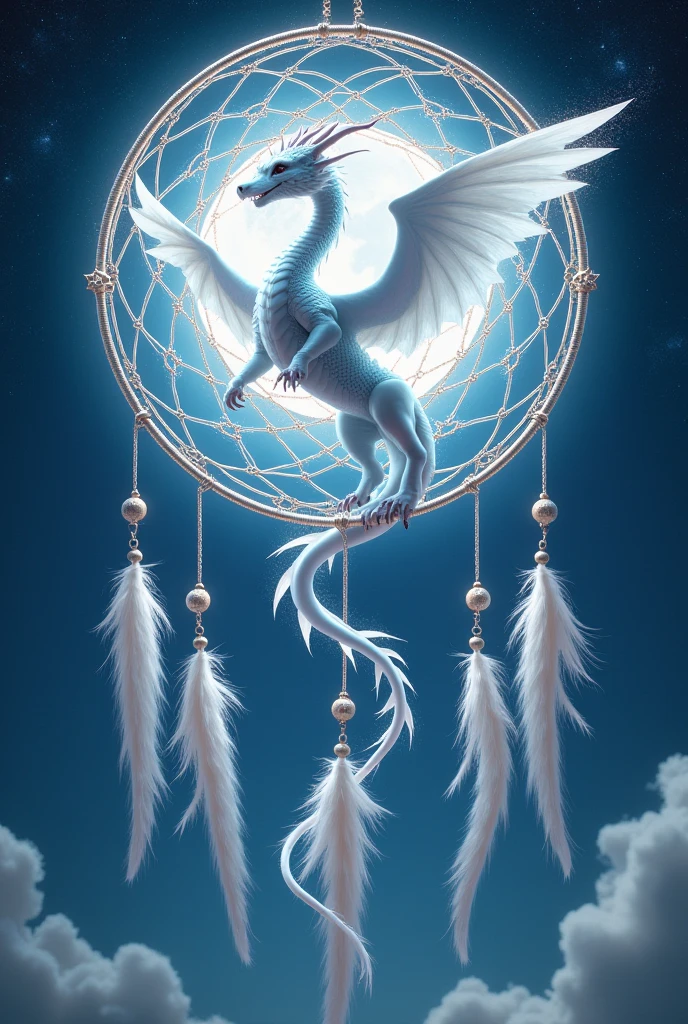 (White dragon in a colorful dream catcher), new moon, Japanese star