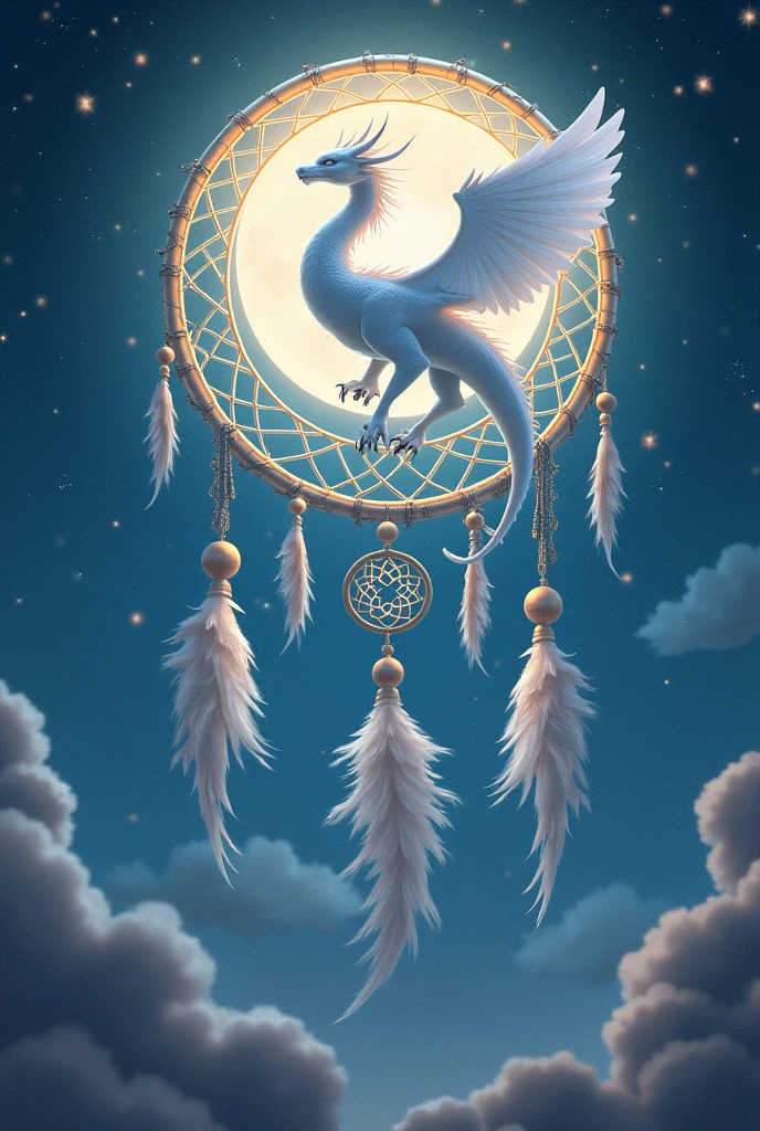 （White dragon in a colorful dream catcher）, new moon, Japanese star