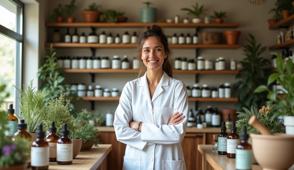 A desktop background image of a woman with health herbal products in pharmacy