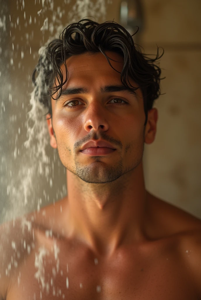 a sexy MAN taking a shower, beautiful detailed eyes, beautiful detailed lips, extremely detailed face, long eyelashes, beautiful skin, water droplets, steam, bathroom interior, luxury bathroom, advertisement style, high quality, 8k, photorealistic, professional lighting, soft lighting, warm color tones, cinematic--shot on Sony A7S III, f/ 9. 0, 1/ 500, sharp focus 64k unsaturated, masterpiece, best quality cinematic Sony A7S III, shallow depth of field, 100mm f/2.4, natural light, cinematic, widescreen aspect ratio, Cinematic Dramatic. novuschroma53 style Steps: 8, CFG scale: 1.5, Sampler: Euler, Seed: 402489--- cinematic