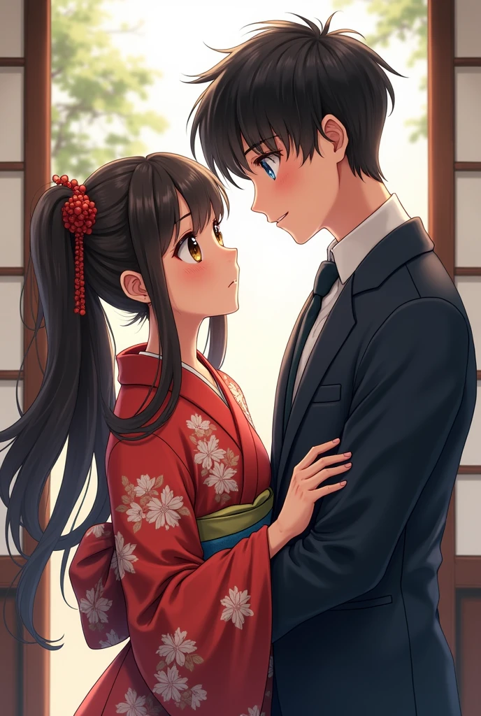 Create a girl with dark brown hair, with pigtail. Brown eyes with traditional Japanese clothing. Holding a boy's arm, Black hair and blue eyes, in elegant French attire while looking at her confused.