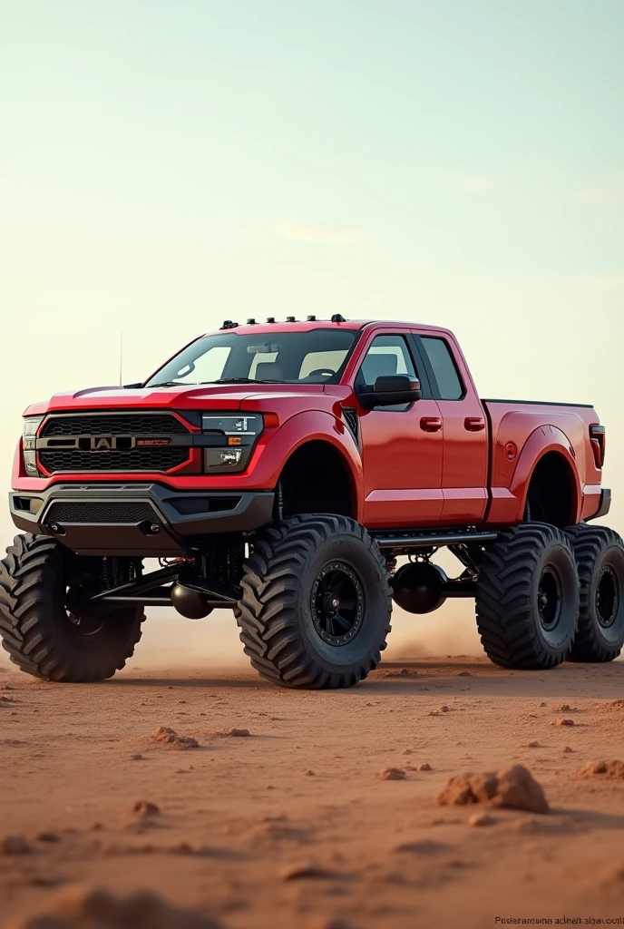 Red 6-wheel low-lying pickup truck from the side