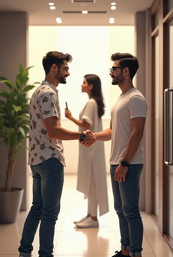 Two young men are waiting for their girlfriends in the reception area of the office. One young man is wearing a white printed shirt, jeans, white shoes and smart watch and the other one is wearing a white full sleeve T-shirt, jeans, glasses and black sneakers. His girlfriend comes there wearing a white Indian suit, black pallu, white shoes and specs. Then she shakes hands with both the boys.