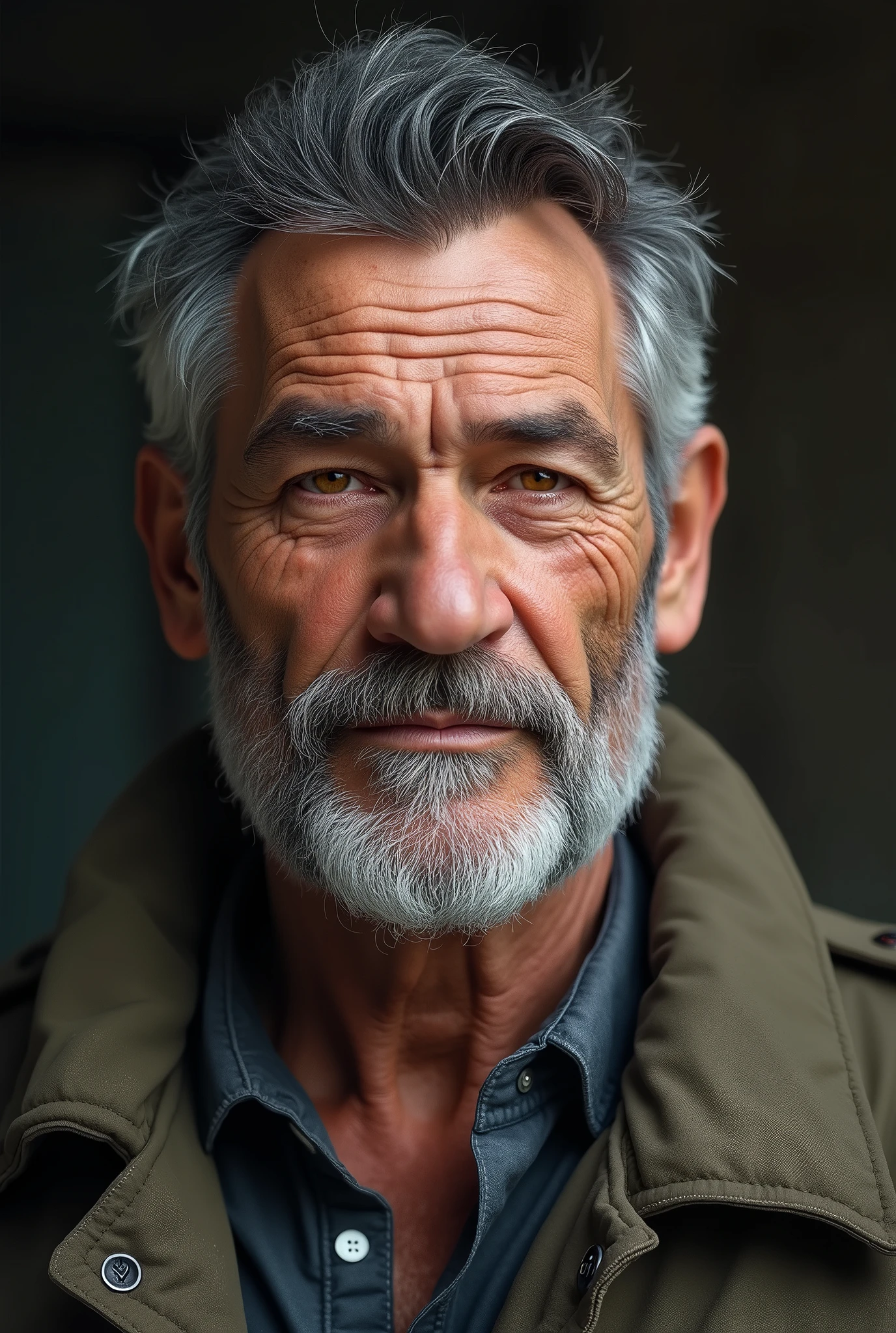 Robust adult man of 60 years, White skin, eyes the color of honey, short black hair and some gray, Without beard